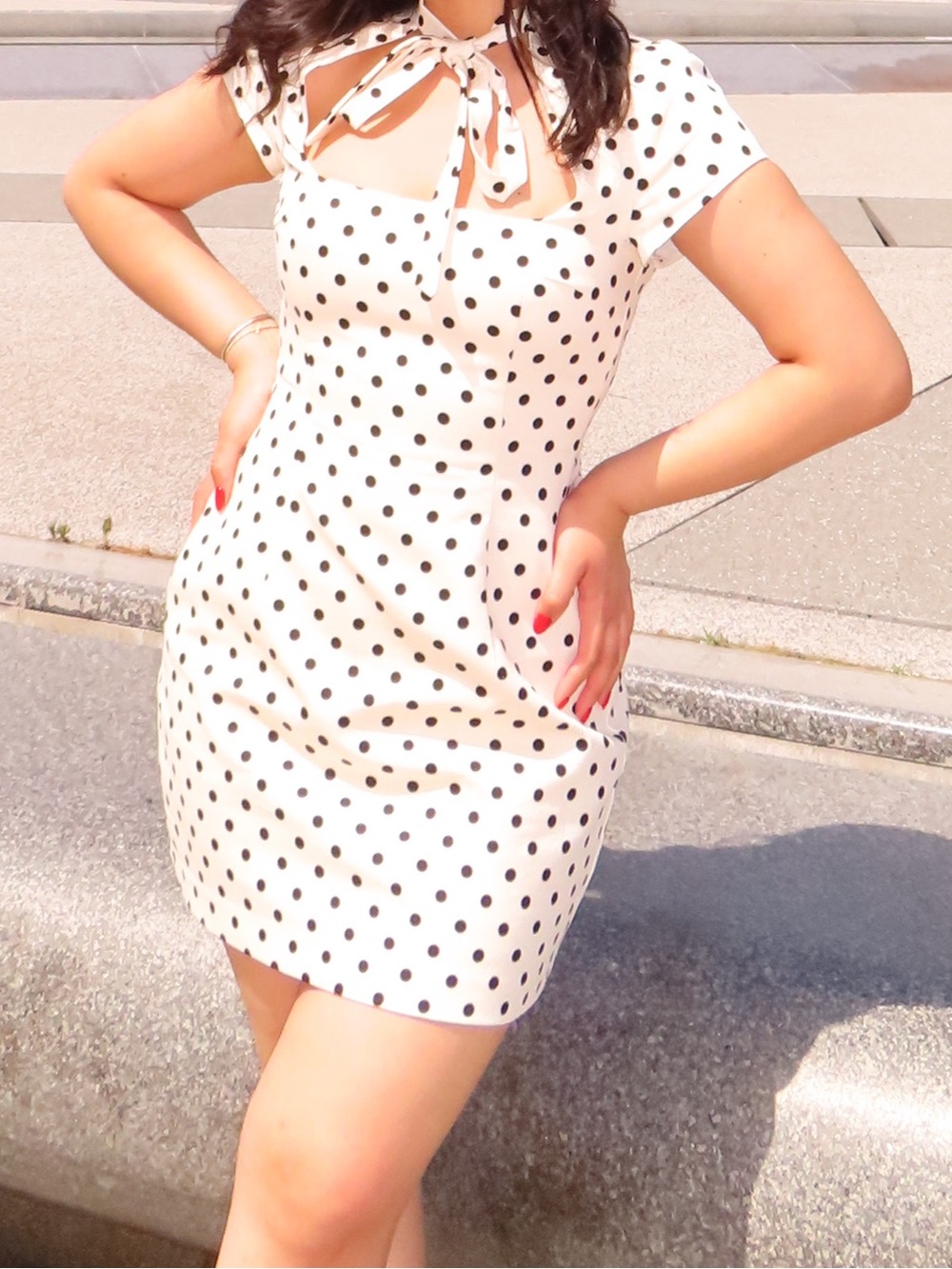Polka Dot Tie-Neck Mini Dress - White/Black